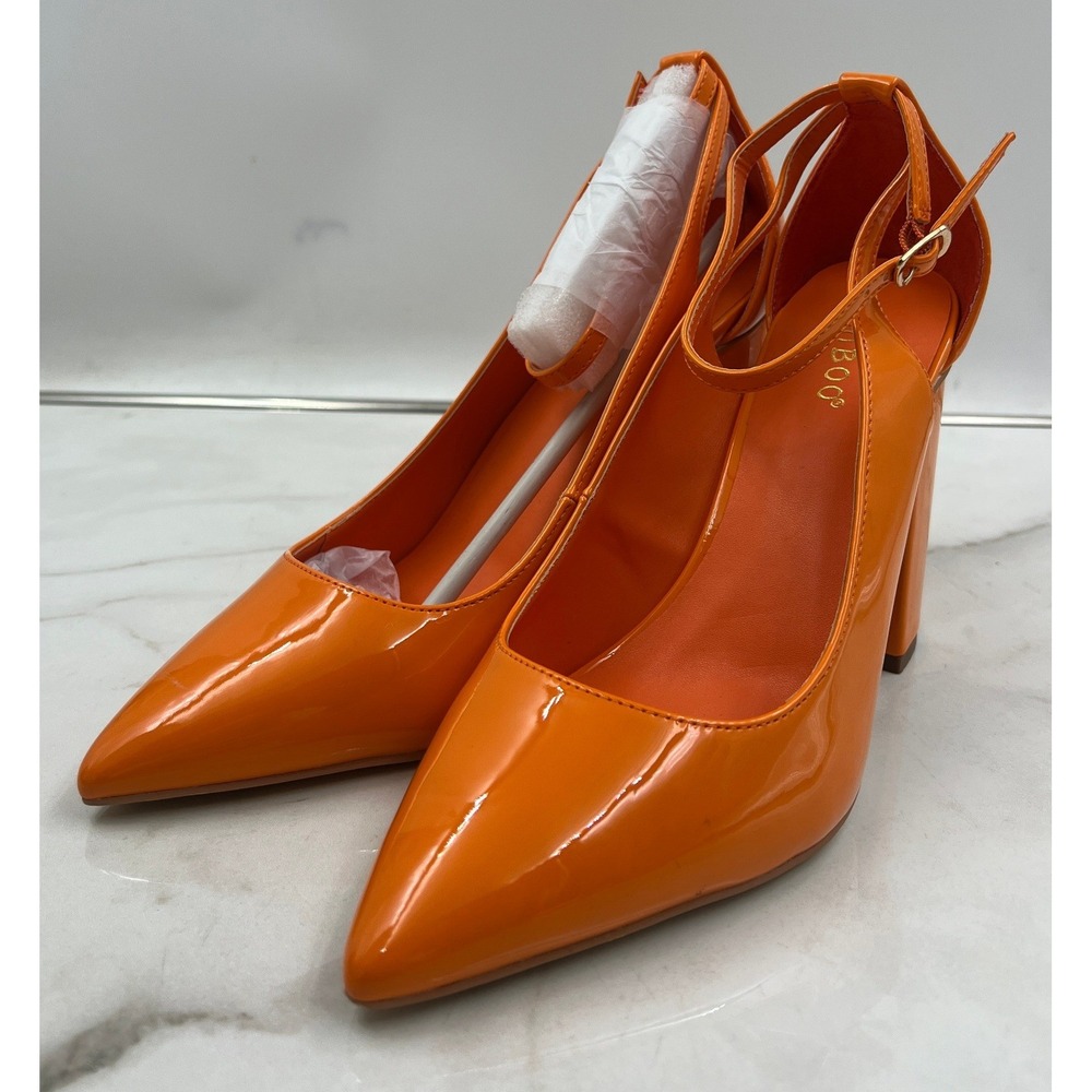 Bamboo Ankle Strap Pumps Women's Sz 9 Stellar-02 Orange Patent Pointed Toe Block